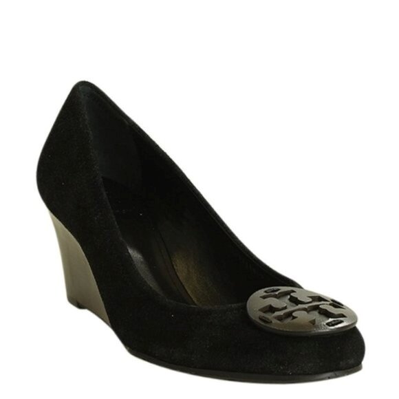 Tory Burch Sally Split Suede Wedges Stacked Wedge Heel Shoes Black Size 8.5 VGC - Picture 1 of 12